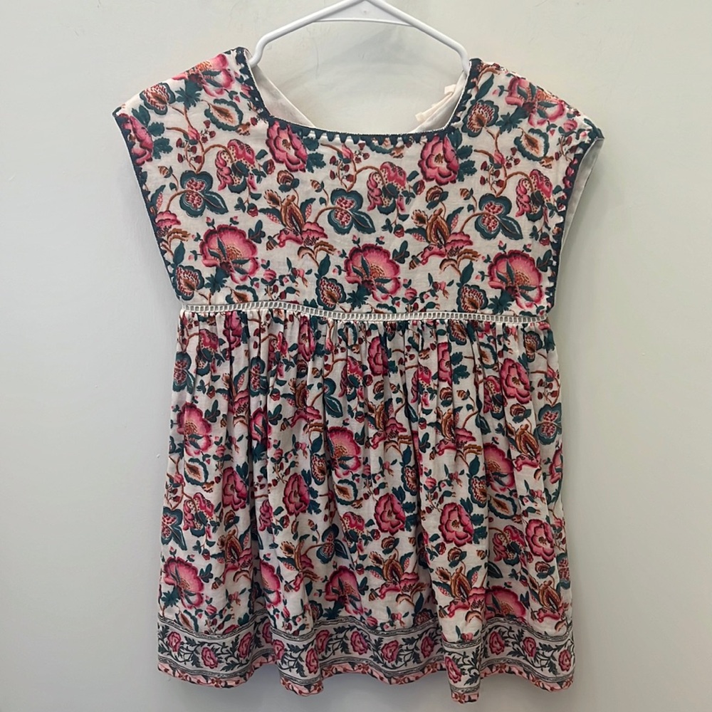 Girls Floral Ivory and Pink Cap-Sleeve Dress